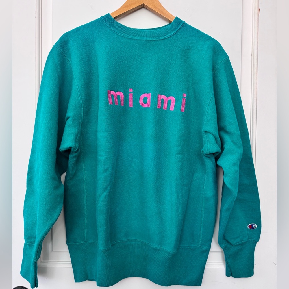 Vintage 80’s teal Miami embroidered champion reverse weave crewneck sz Large USA